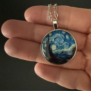 Starry Night Pendant Necklace – Van Gogh Art on 19.5” Silver Tone Chain